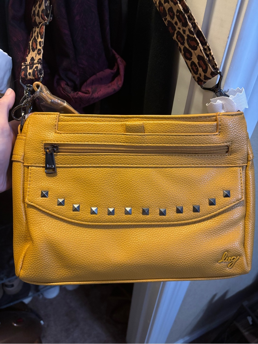 lug Yellow Stud-Embellished Crossbody with Leopard Strap